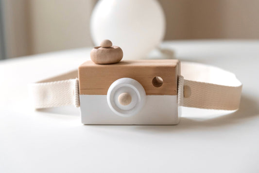 Wooden White Painted Camera with Strap – Photography Prop