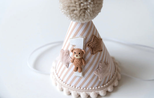 Beige Teddy bear themed 1st birthday hat