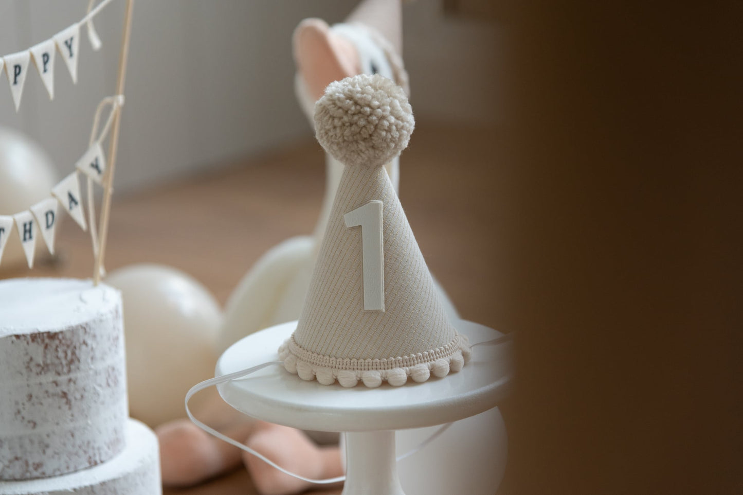Beige and gold stripe first birthday hat