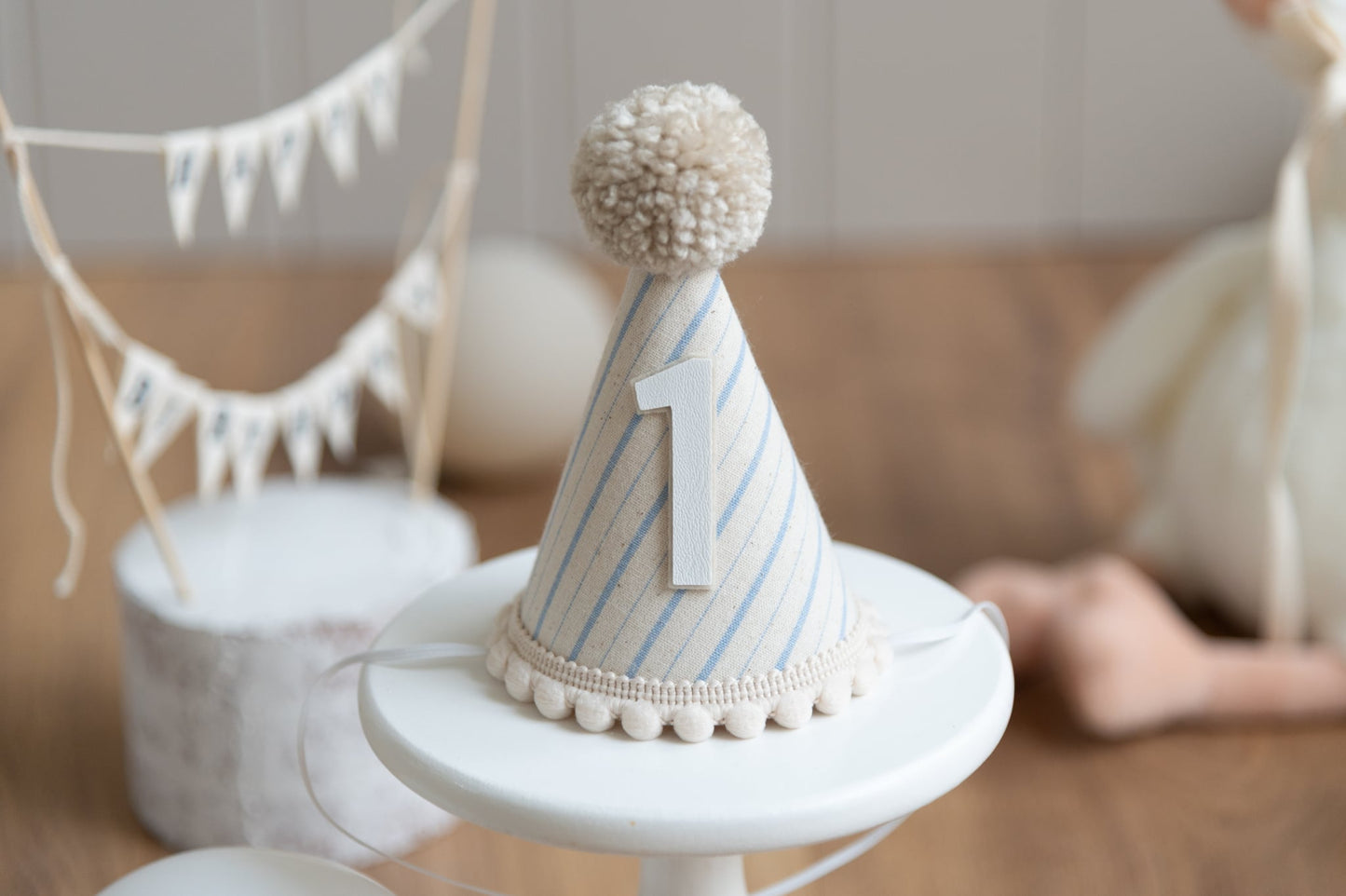 Light beige and blue stripe first birthday hat