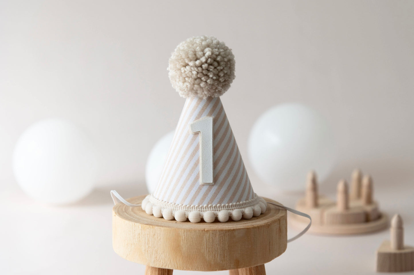 Beige stripe first birthday hat