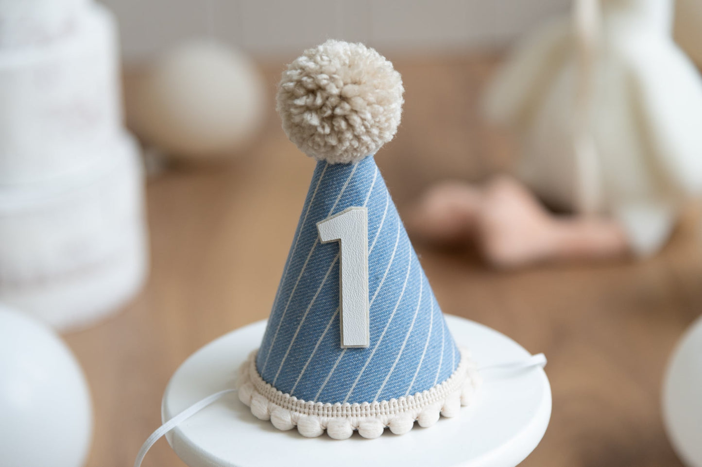 Denim blue stripe - First birthday hat