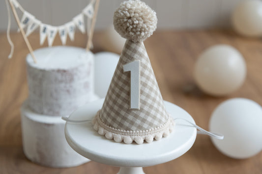 Natural gingham First birthday hat