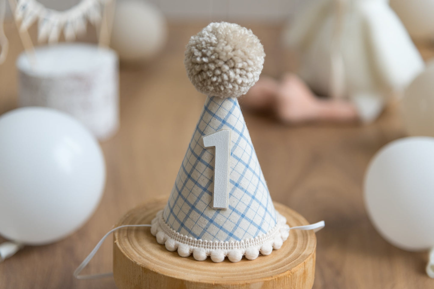 Light beige and blue gingham first birthday hat