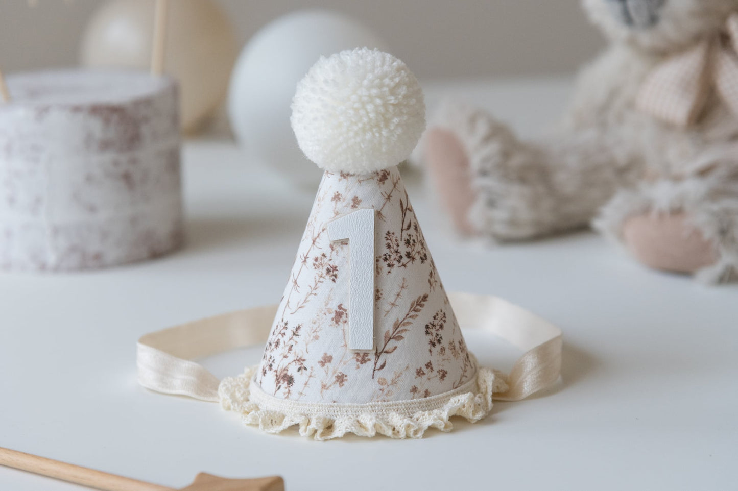 Neutral Floral first birthday hat