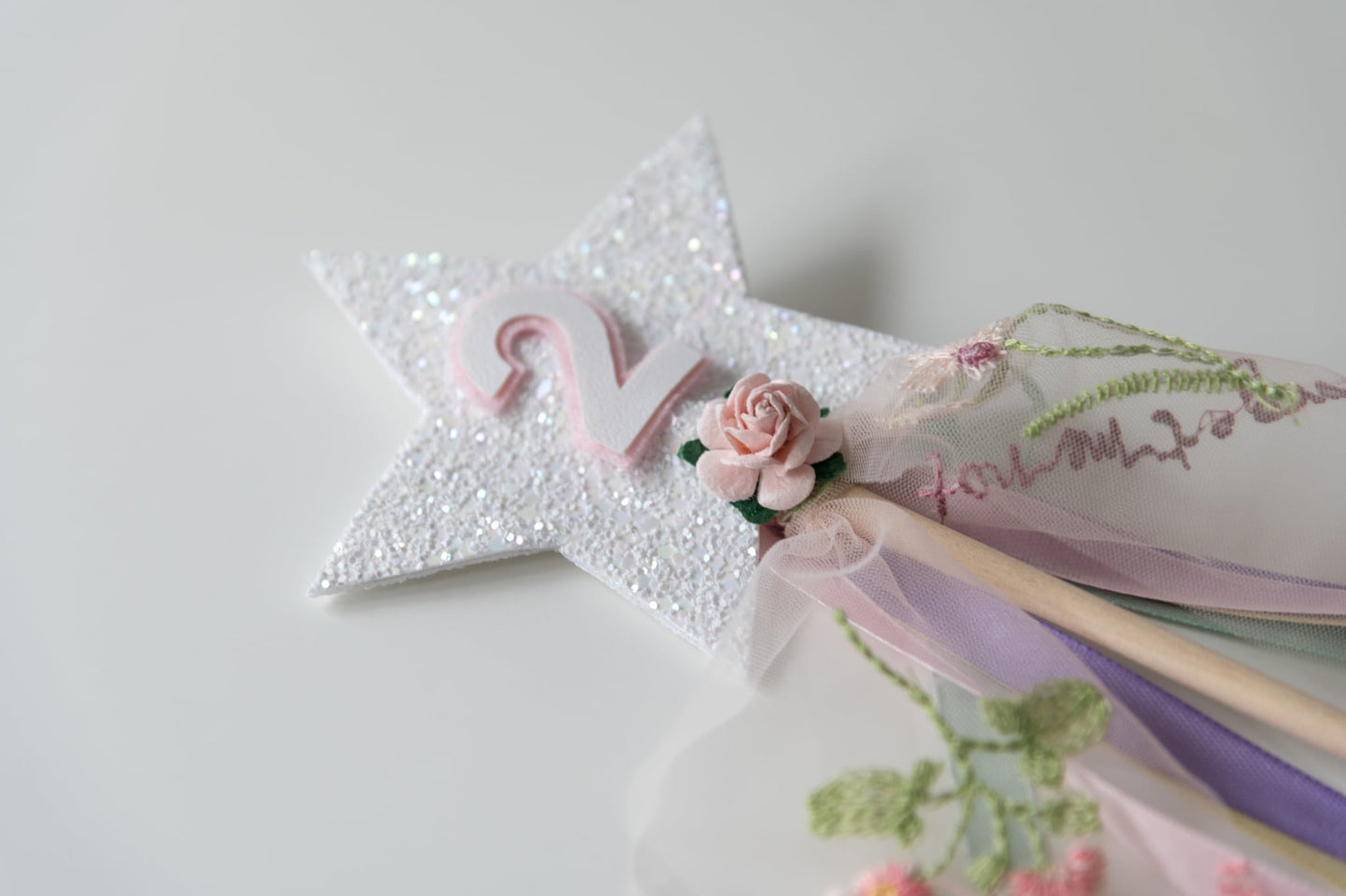 White glitter floral Second birthday crown and wand set