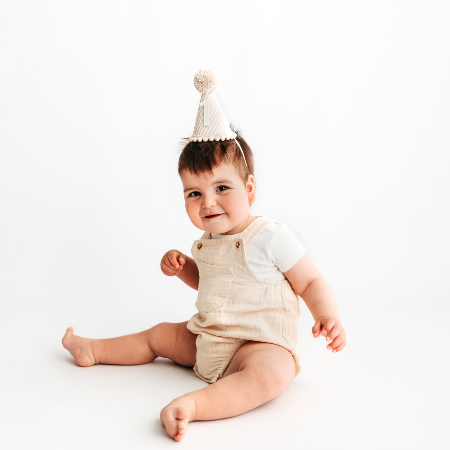 Beige stripe first birthday hat