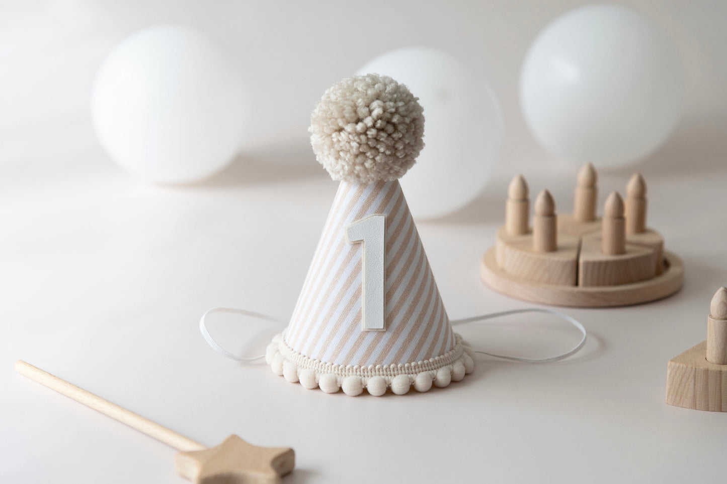 Beige stripe first birthday hat
