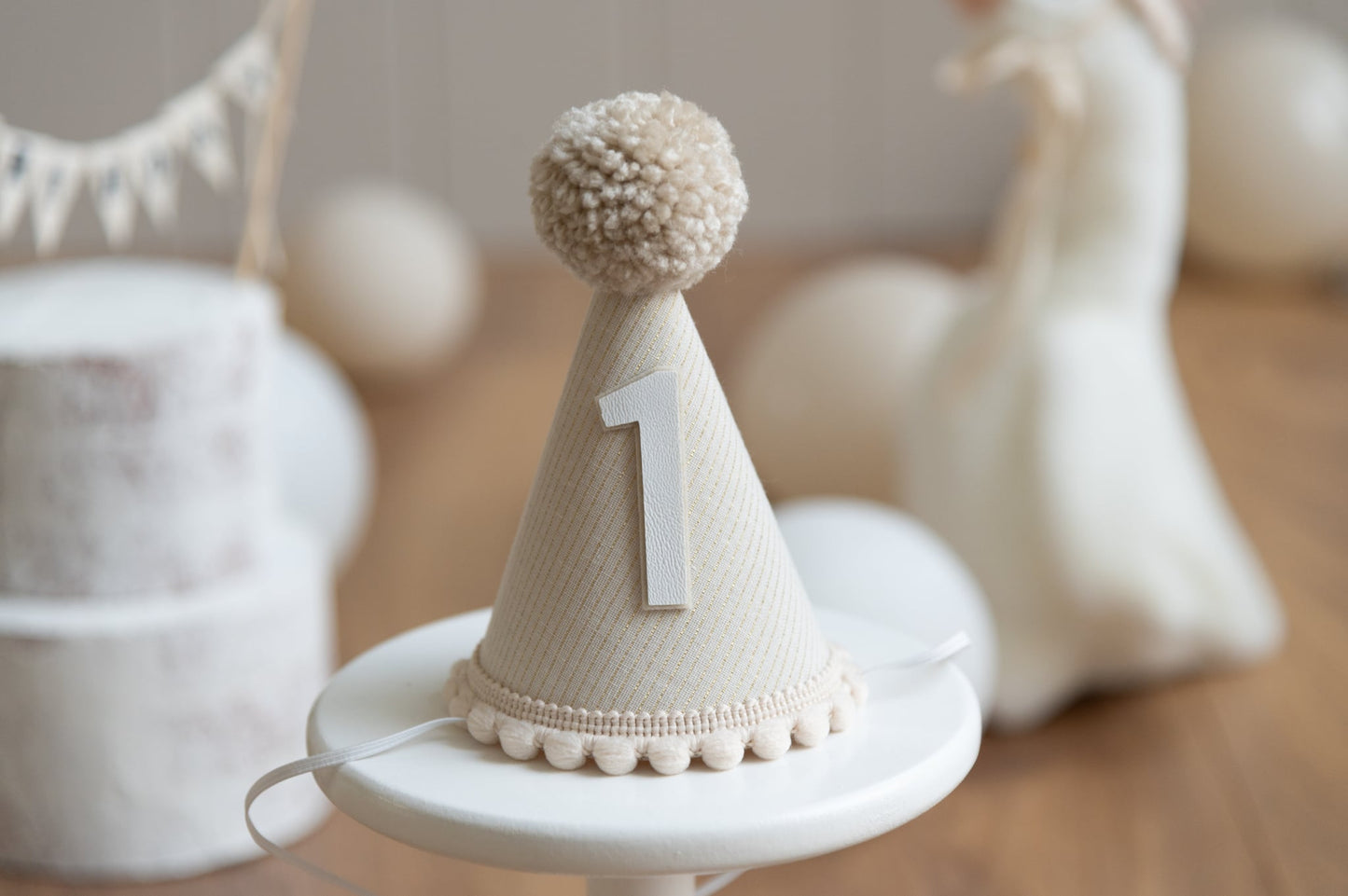 Beige and gold stripe first birthday hat