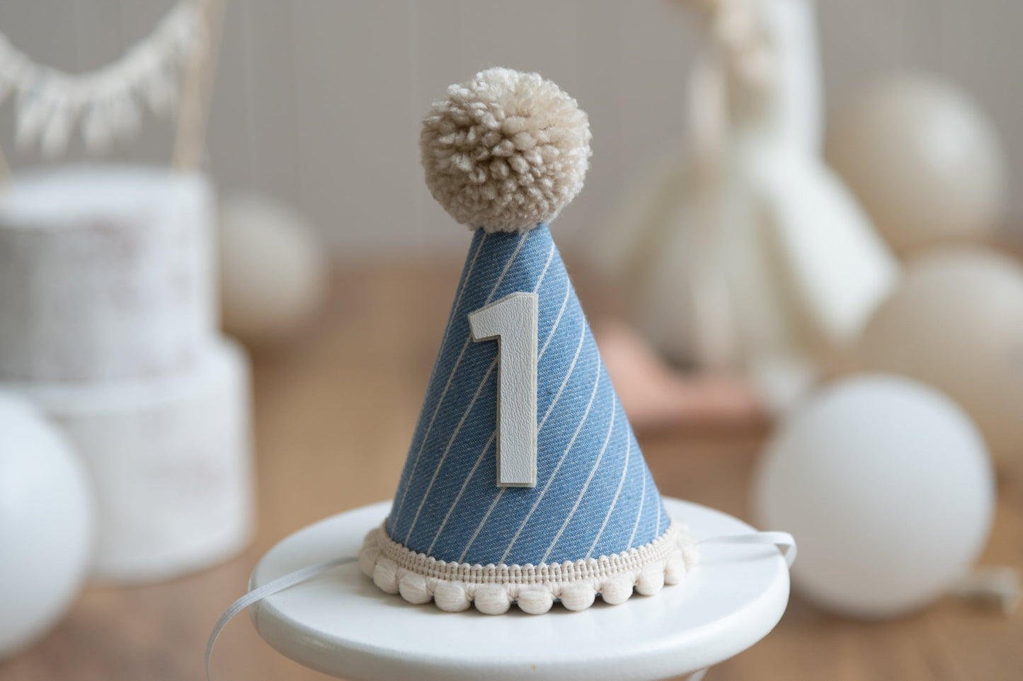 Denim blue stripe - First birthday hat