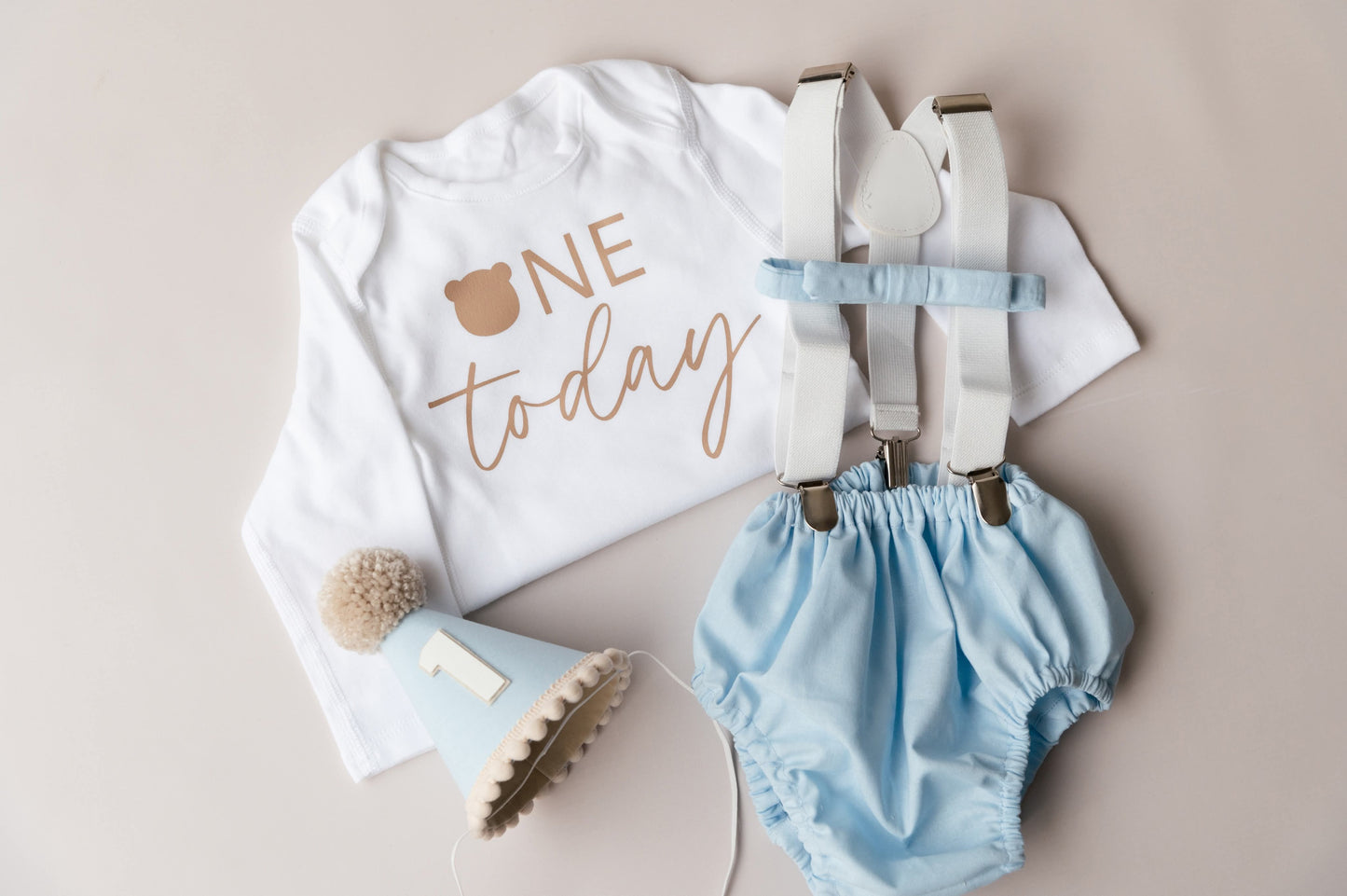 Baby blue and beige teddy bear themed cake smash outfit