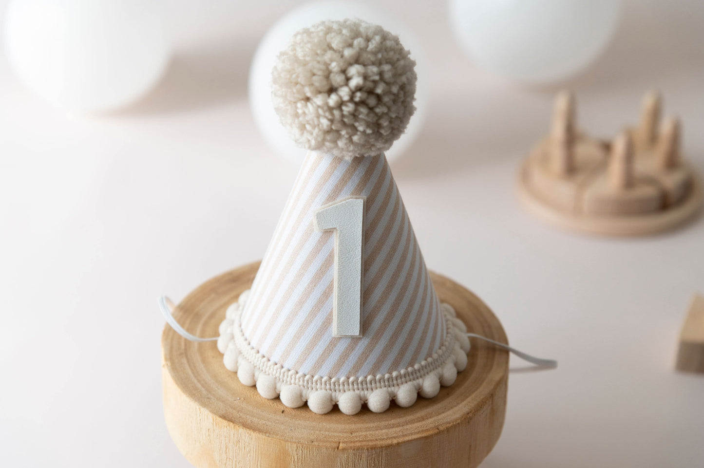 Beige stripe first birthday hat