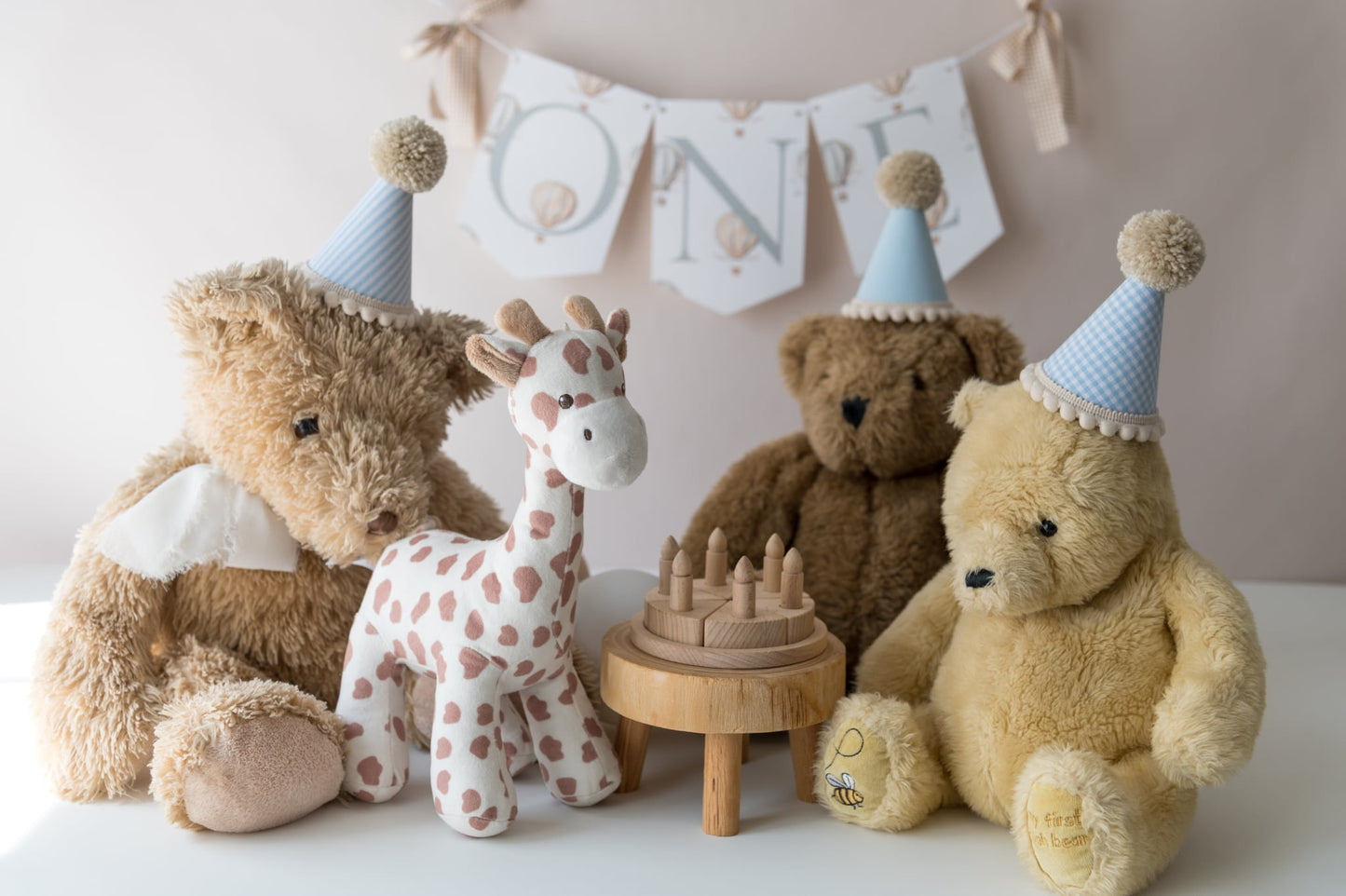 Set of 3 Teddy bear party hats, birthday party props, teddy bear birthday, fabric hat, Soft Toy Birthday Accessory