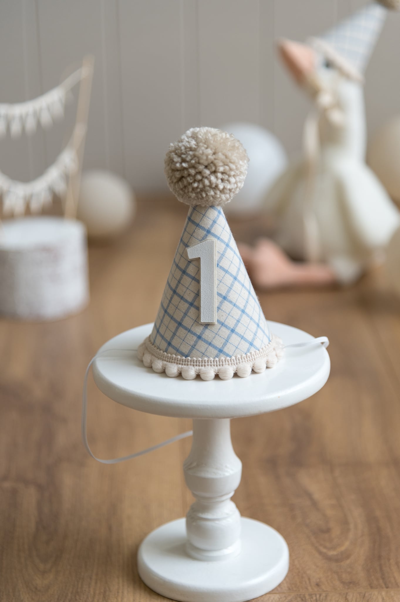 Light beige and blue gingham first birthday hat