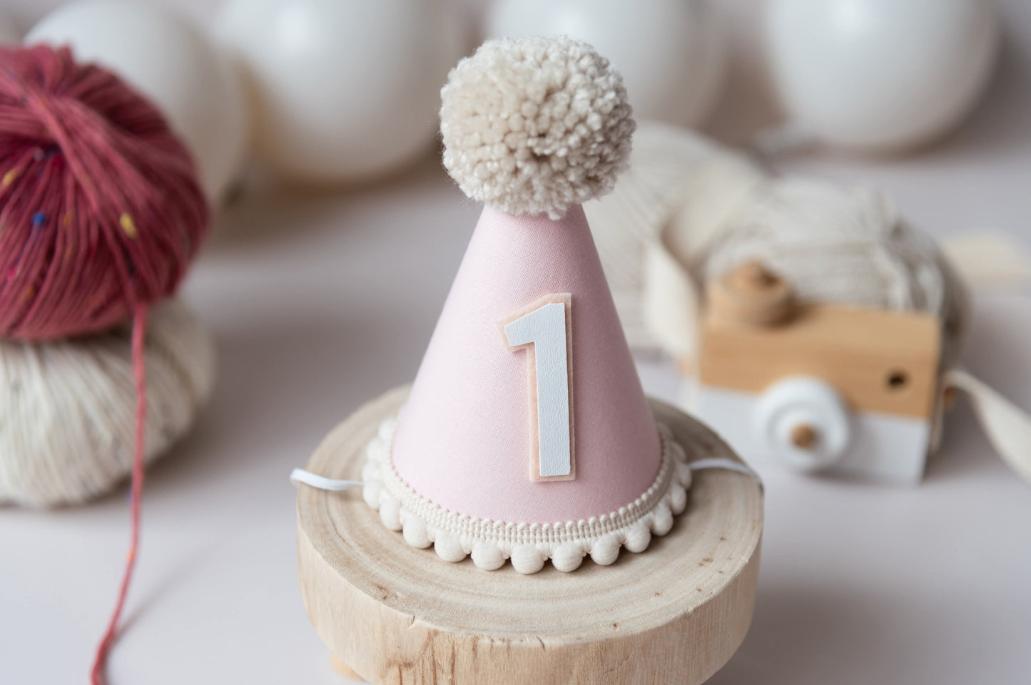 Pastel pink and beige first birthday hat