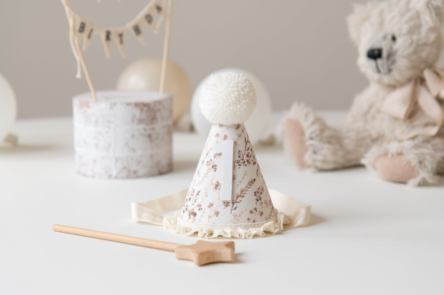 Neutral Floral first birthday hat