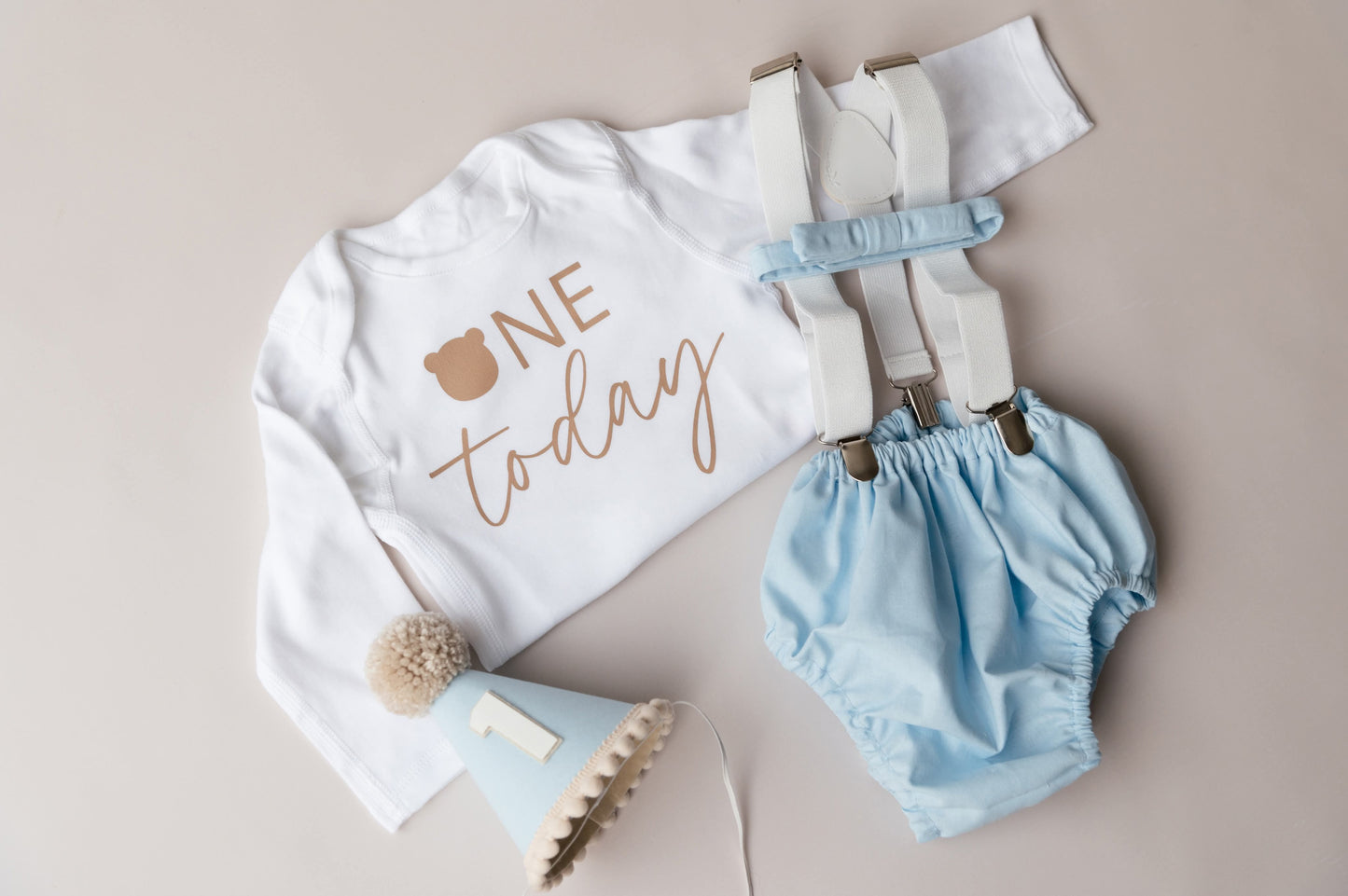 Baby blue and beige teddy bear themed cake smash outfit