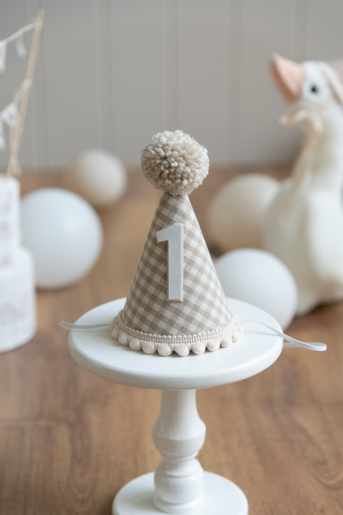 Natural gingham First birthday hat