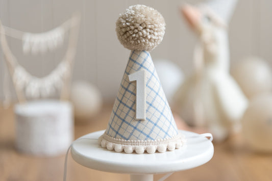 Light beige and blue gingham first birthday hat