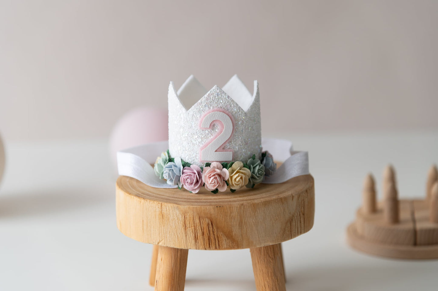 White glitter floral Second birthday crown and wand set