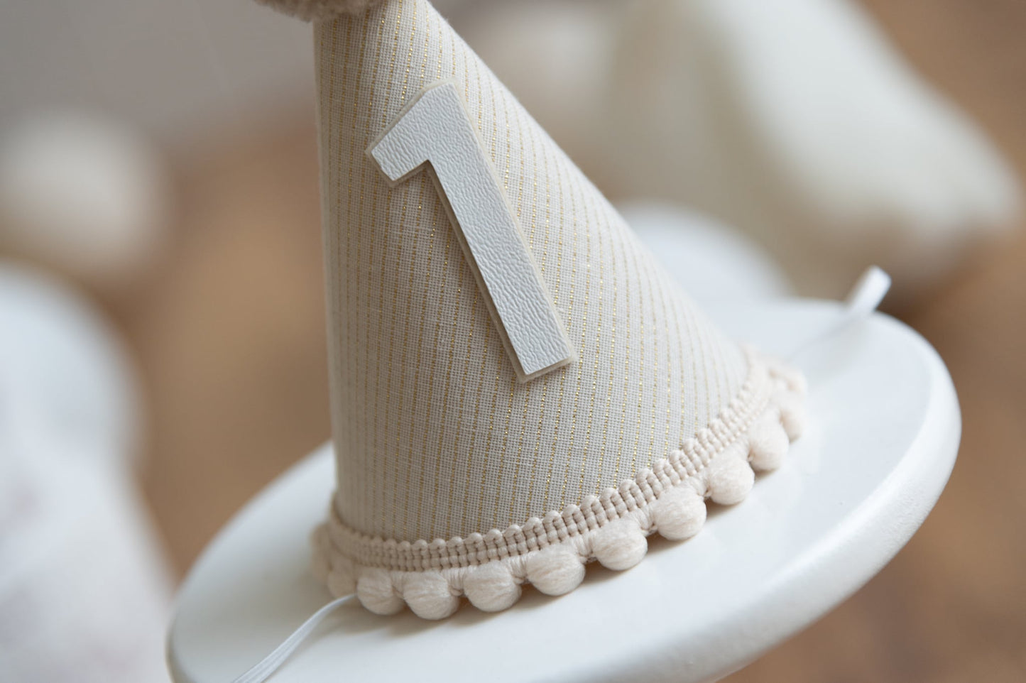 Beige and gold stripe first birthday hat