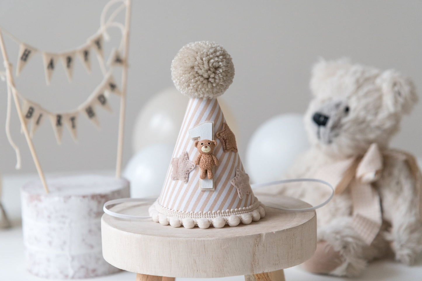 Beige Teddy bear themed 1st birthday hat