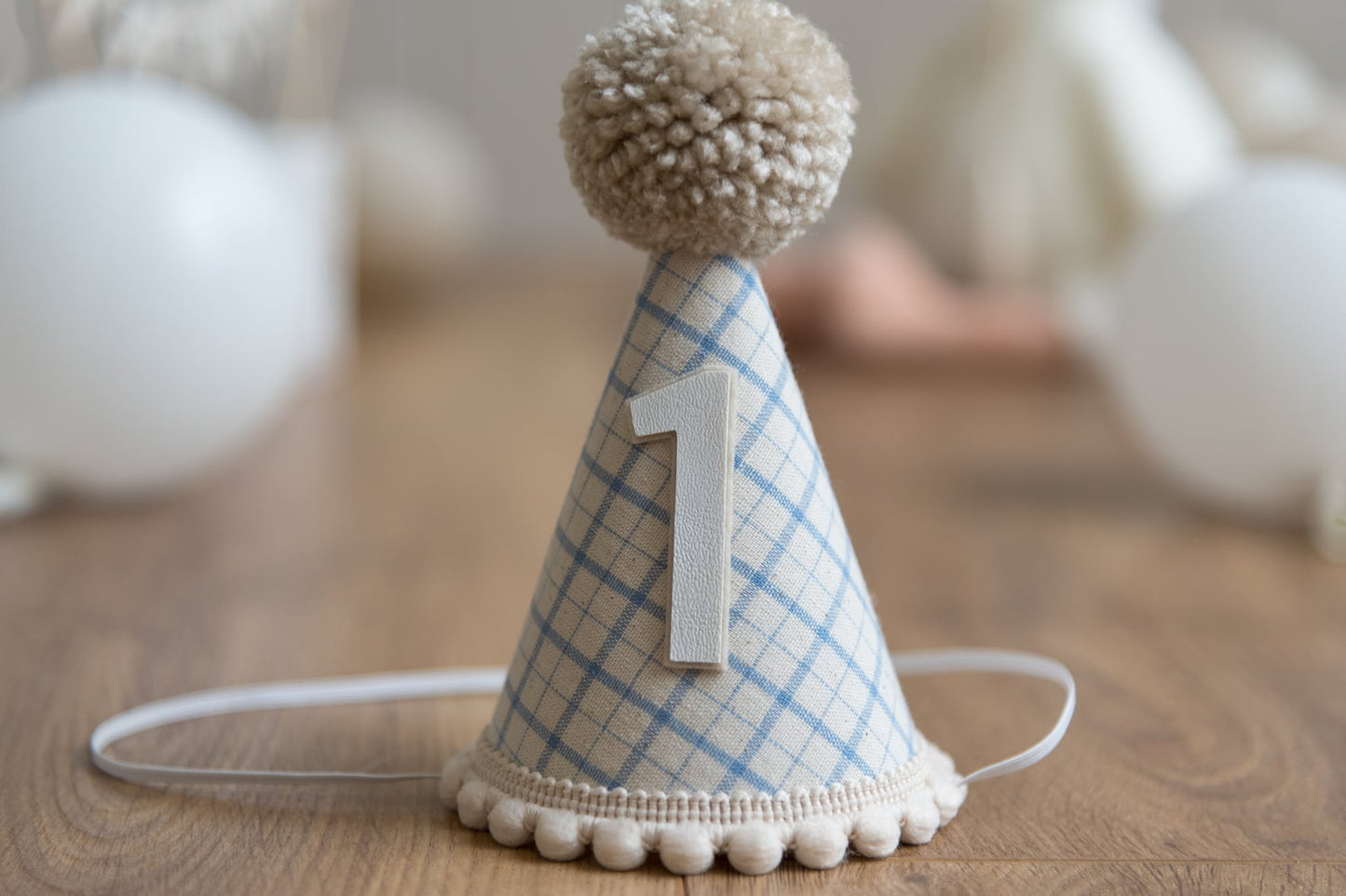 Light beige and blue gingham first birthday hat