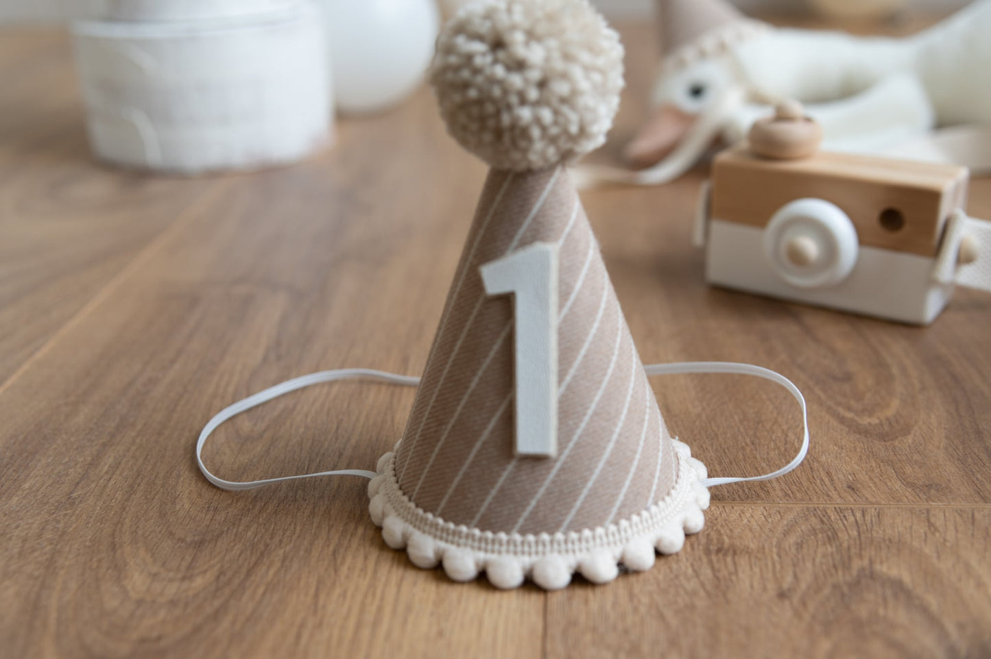 Brown and beige stripe first birthday hat