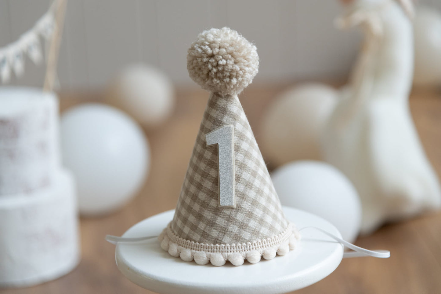 Natural gingham First birthday hat