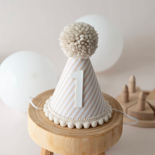 Beige stripe first birthday hat