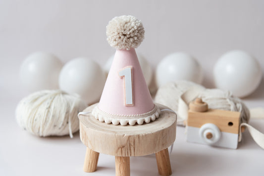 Pastel pink and beige first birthday hat