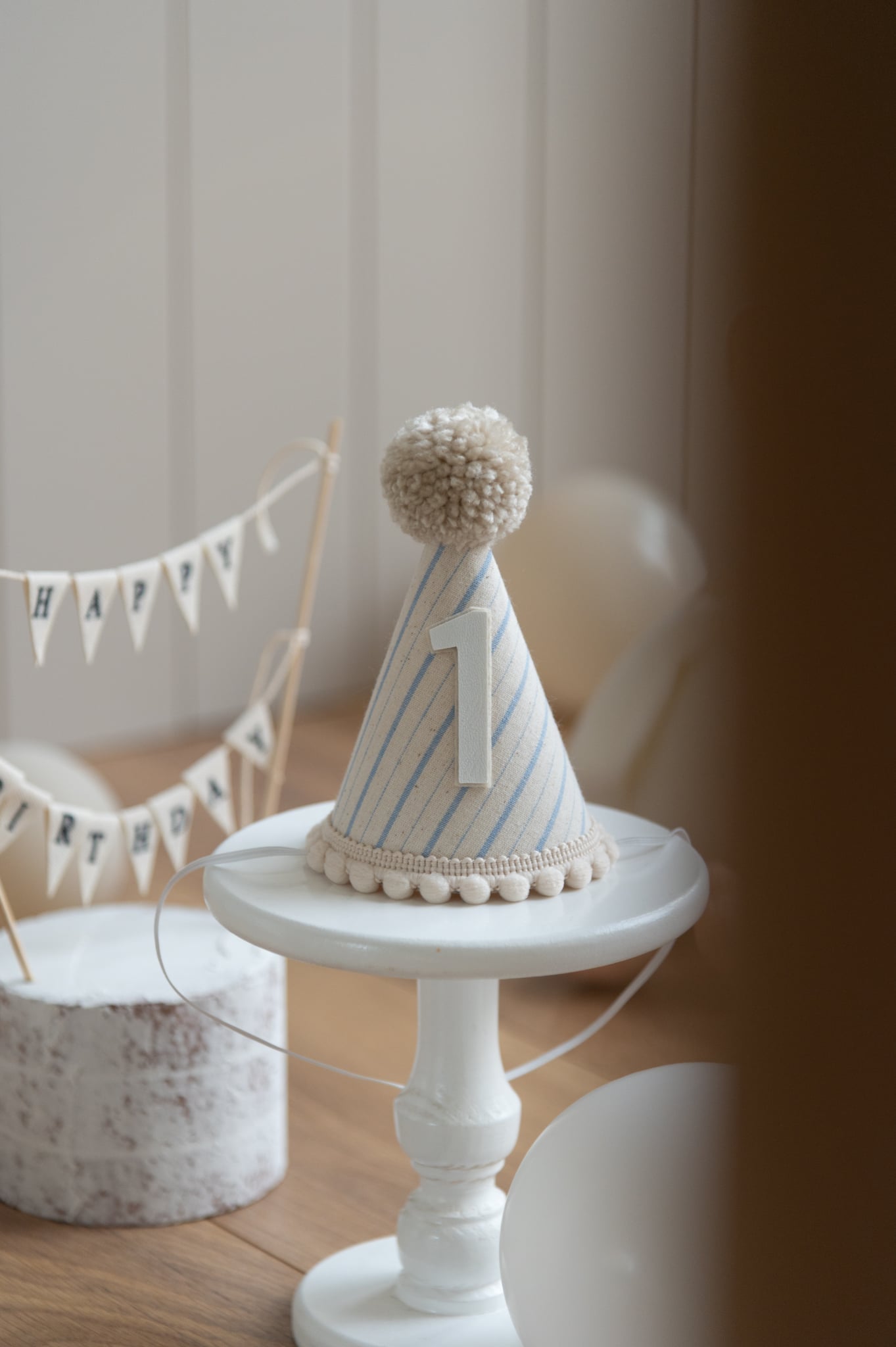 Light beige and blue stripe first birthday hat