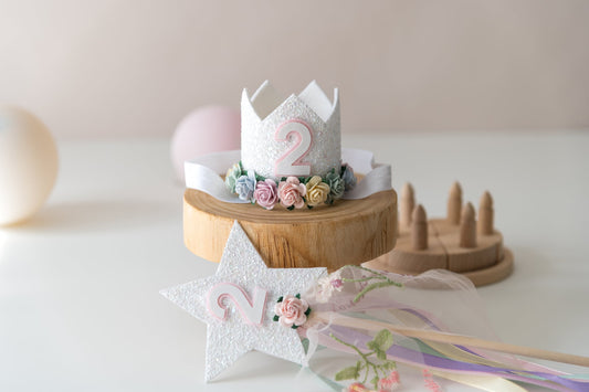 White glitter floral Second birthday crown and wand set