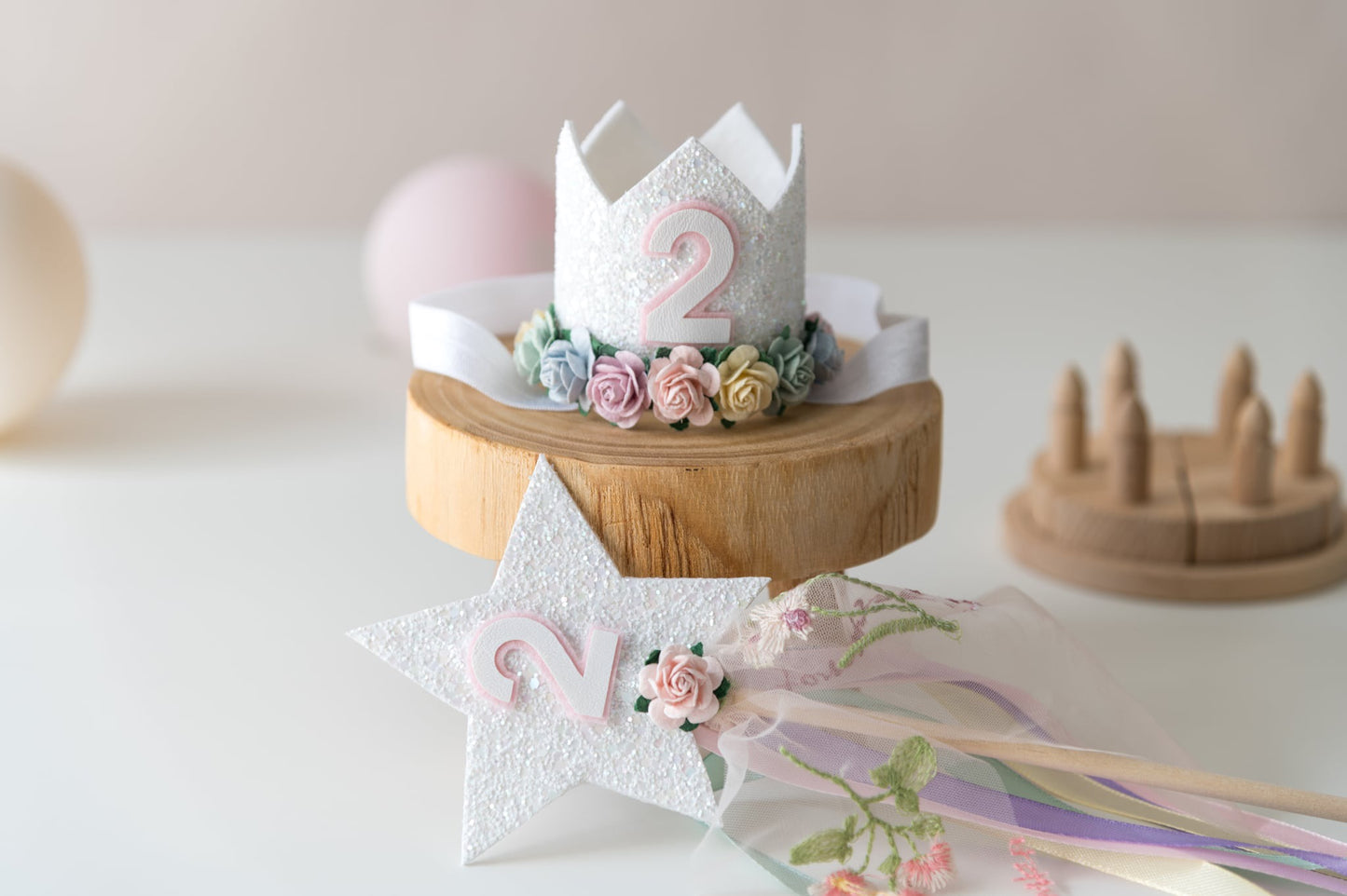 White glitter floral Second birthday crown and wand set