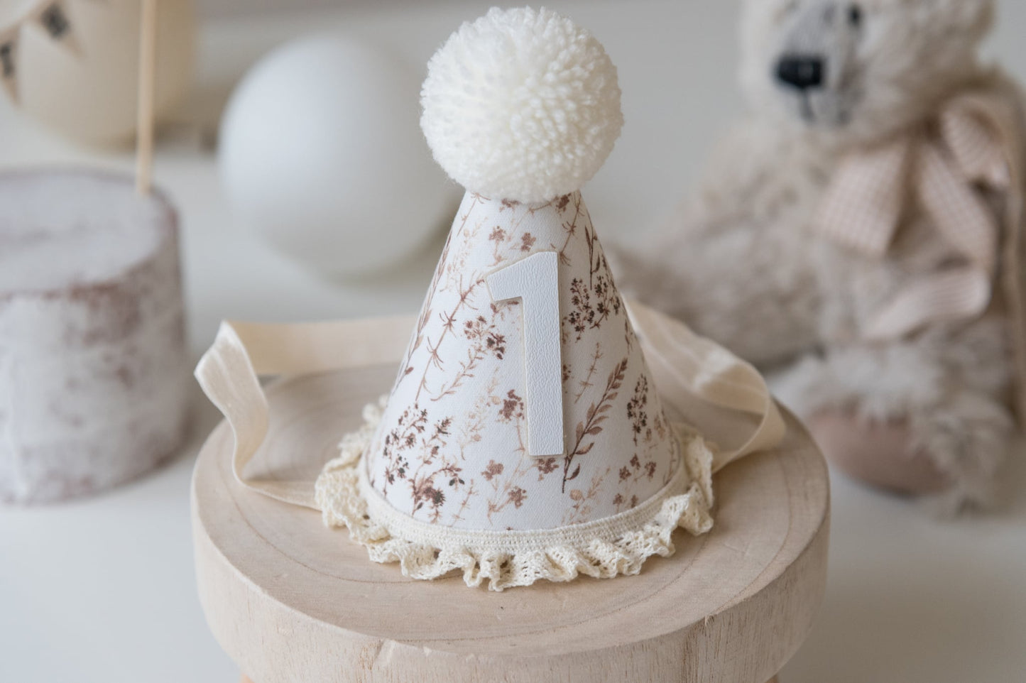 Neutral Floral first birthday hat