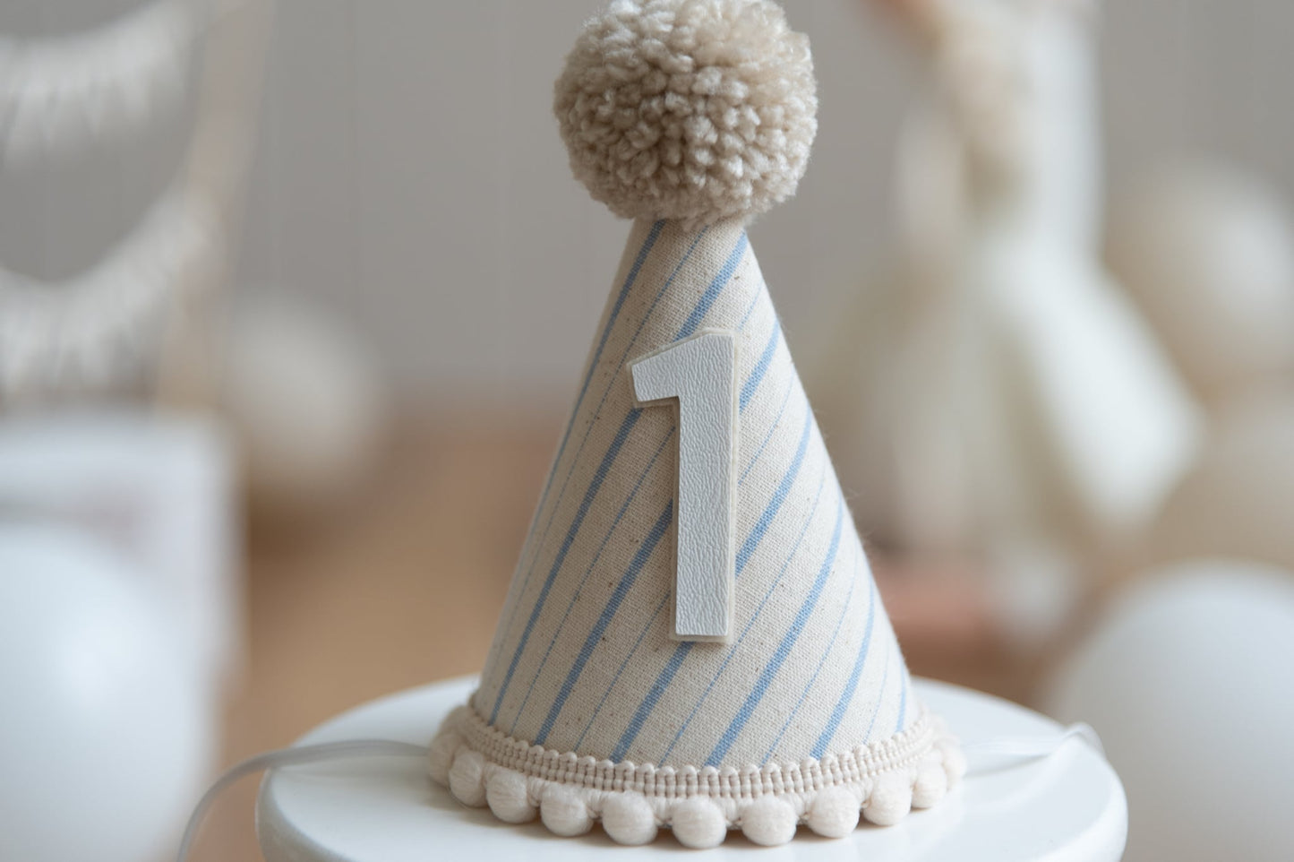Light beige and blue stripe first birthday hat