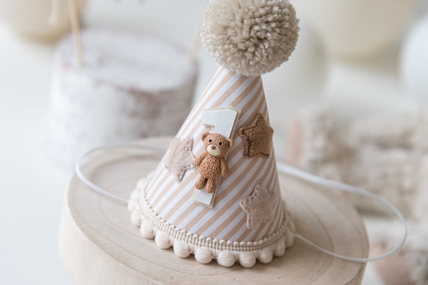Beige Teddy bear themed 1st birthday hat