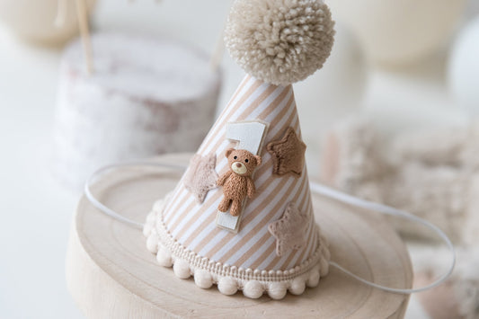 First birthday hat - Beige stripe teddy hat