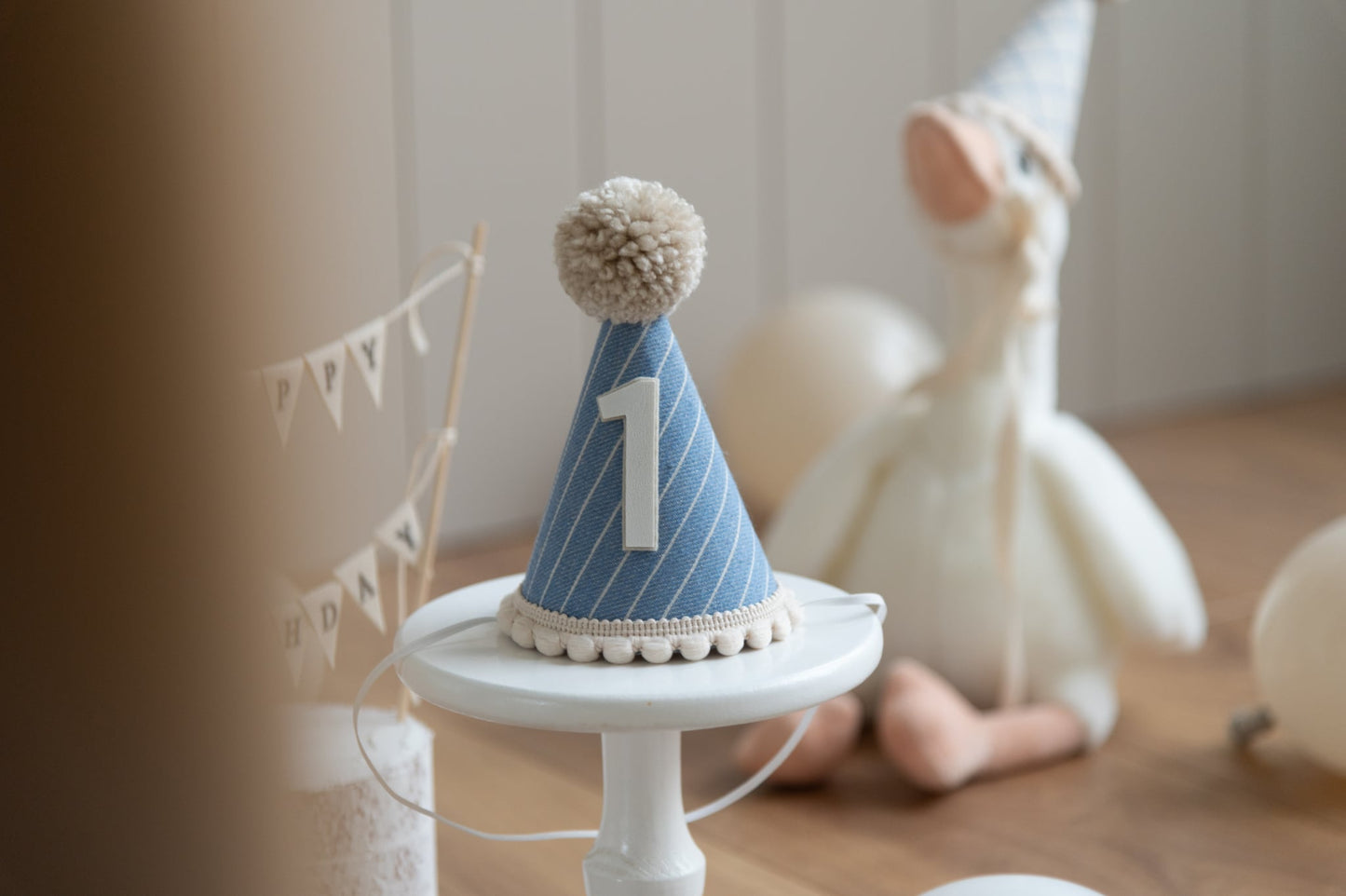 Denim blue stripe - First birthday hat