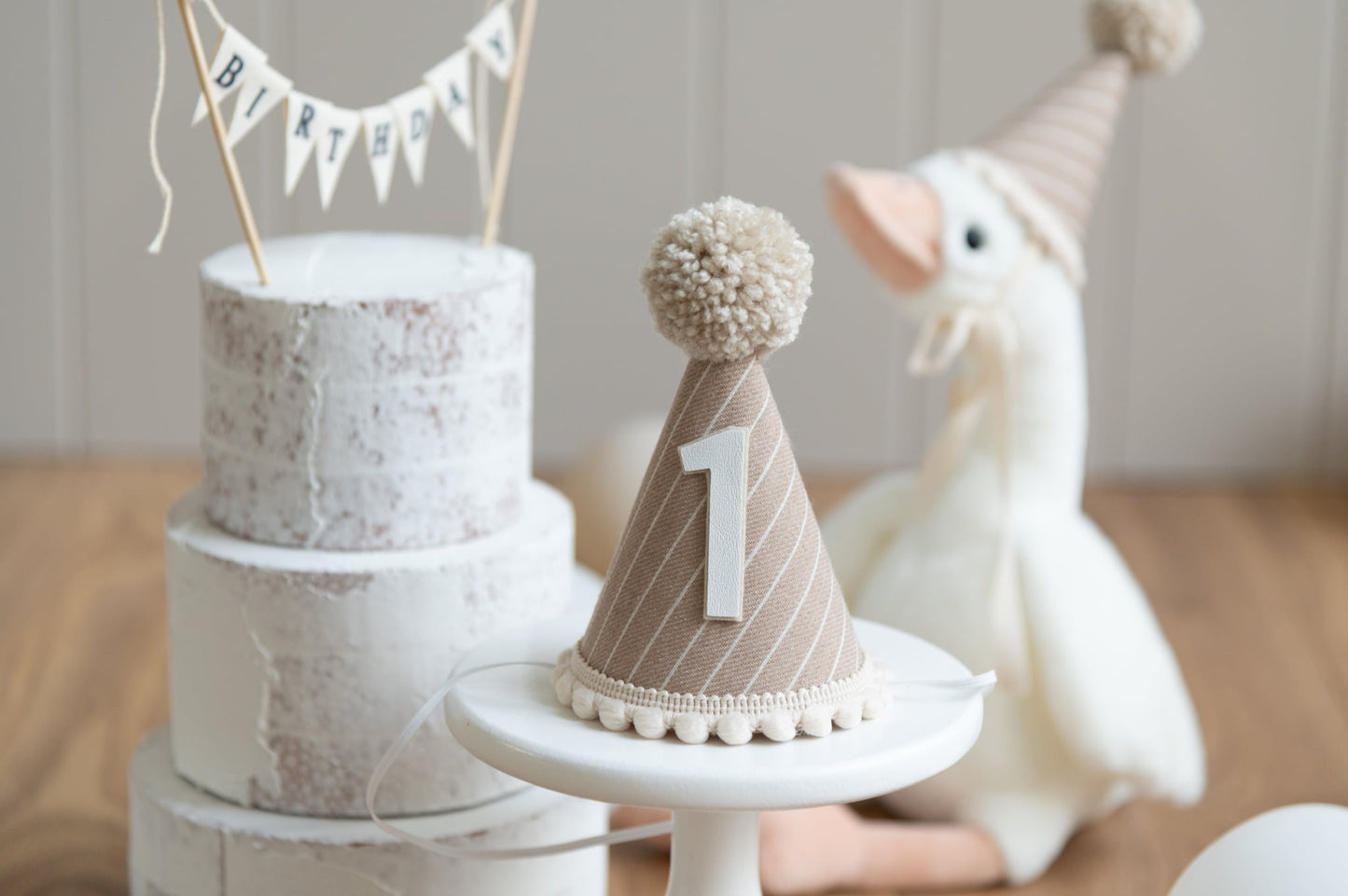 Brown and beige stripe first birthday hat