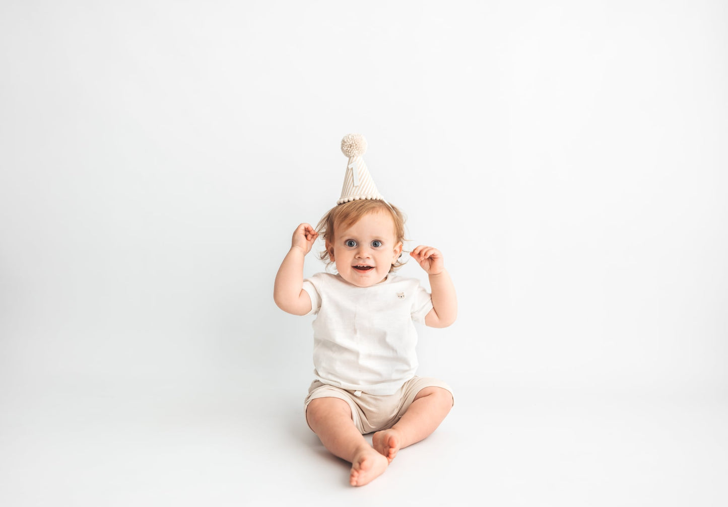 Beige stripe first birthday hat
