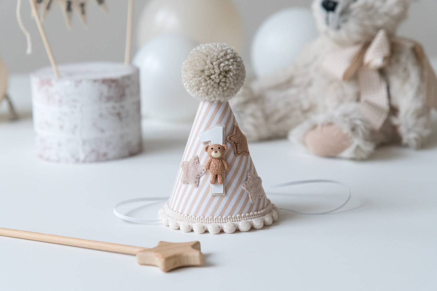 Beige Teddy bear themed 1st birthday hat