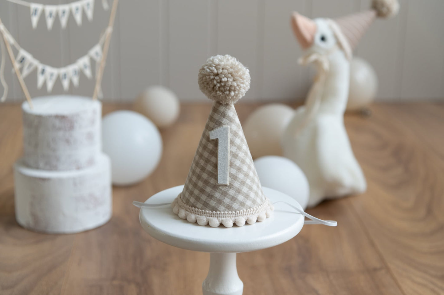 Natural gingham First birthday hat