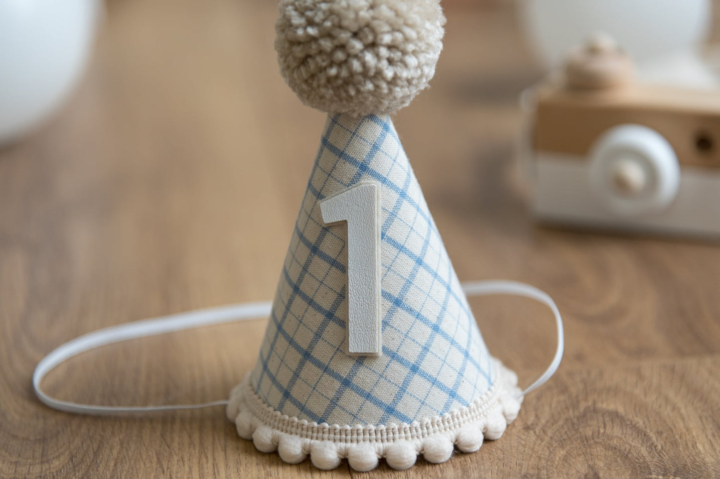 Light beige and blue gingham first birthday hat