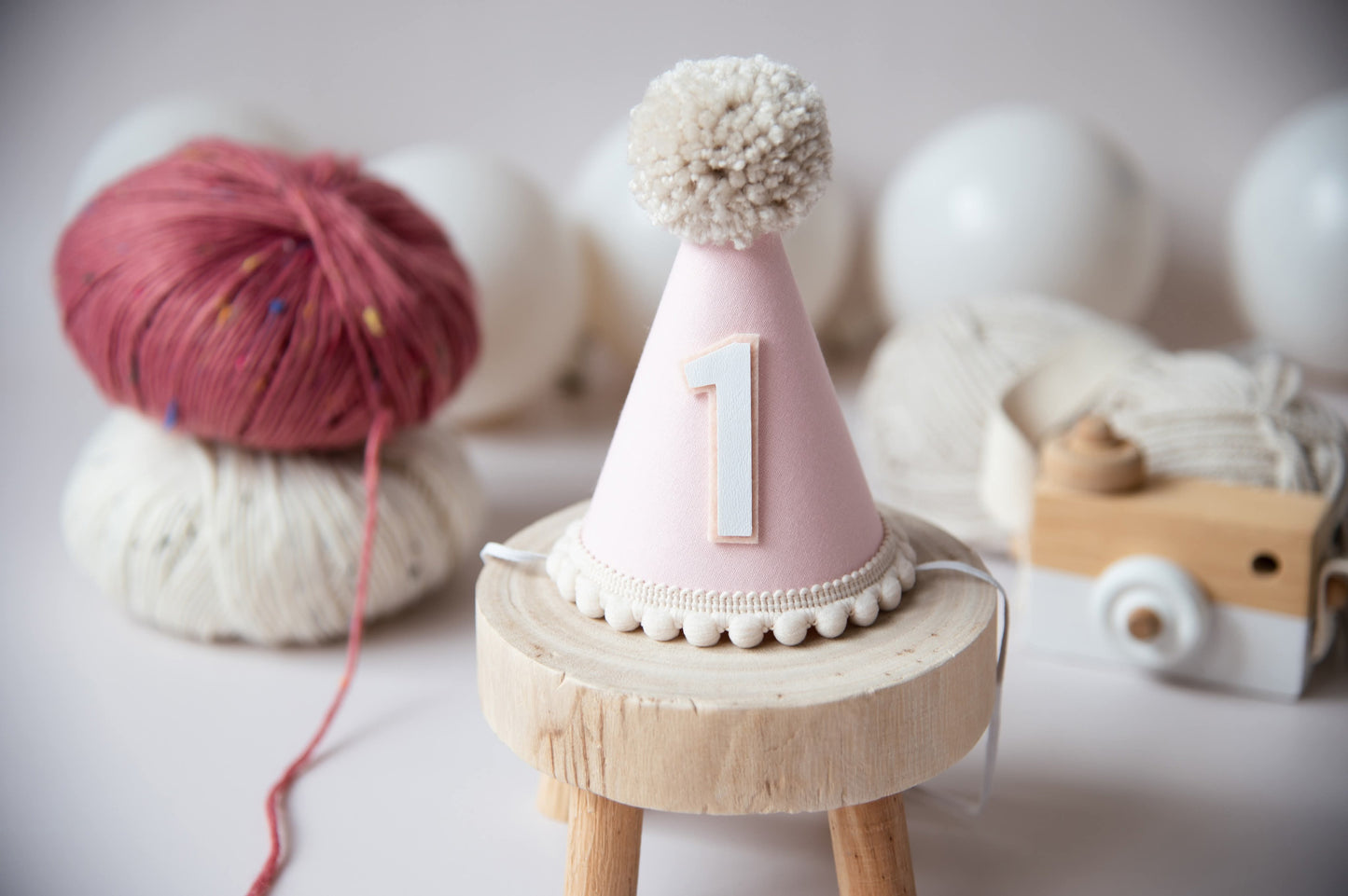 Pastel pink and beige first birthday hat