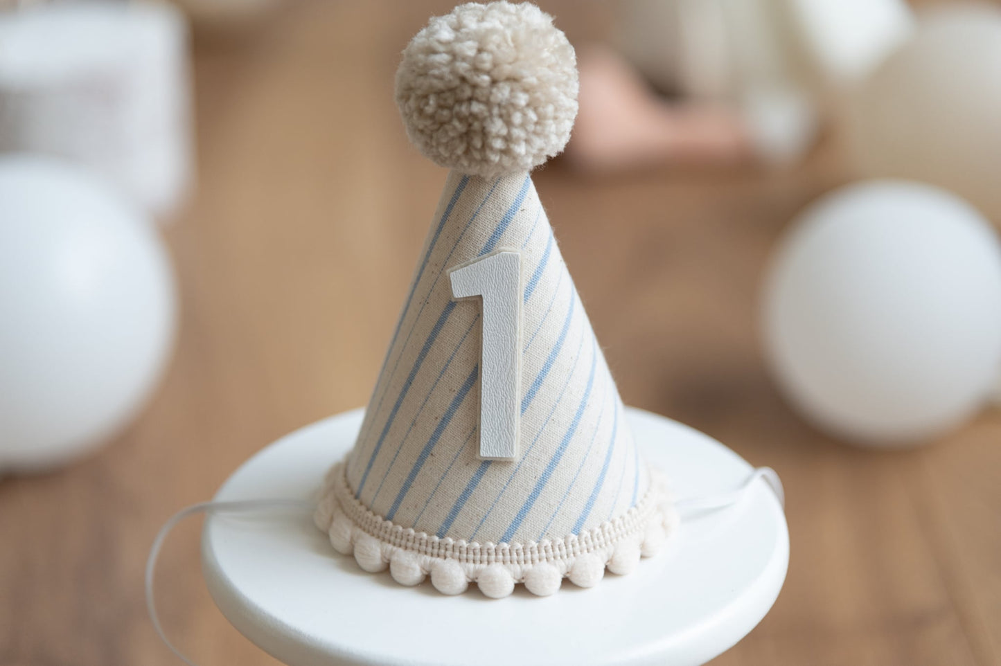 Light beige and blue stripe first birthday hat