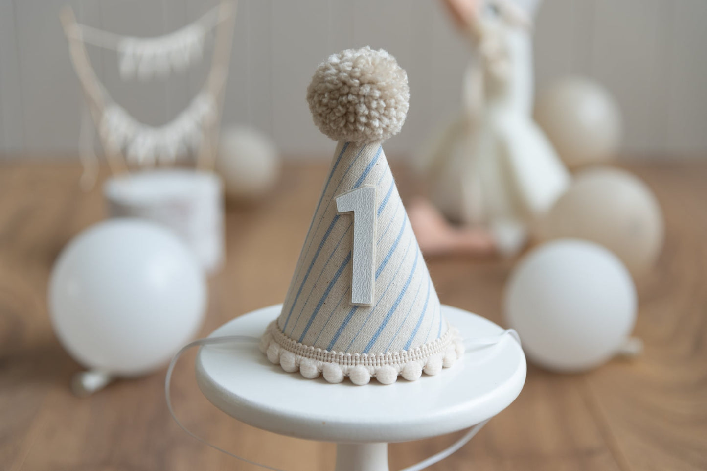 Light beige and blue stripe first birthday hat