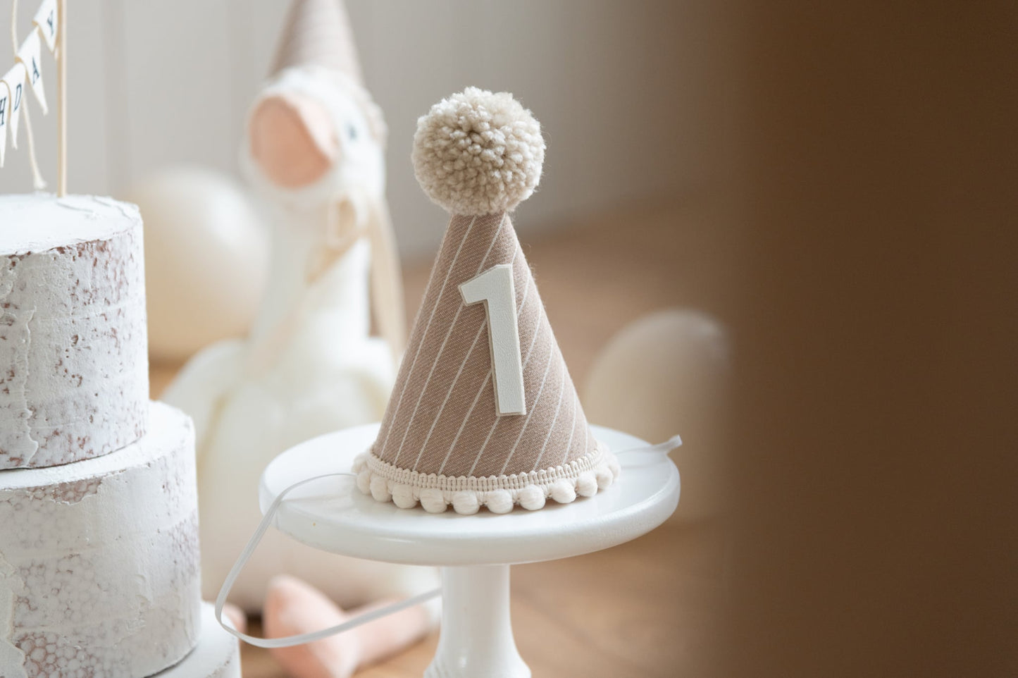 Brown and beige stripe first birthday hat