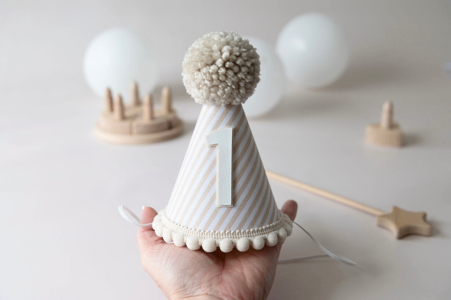 Beige stripe first birthday hat