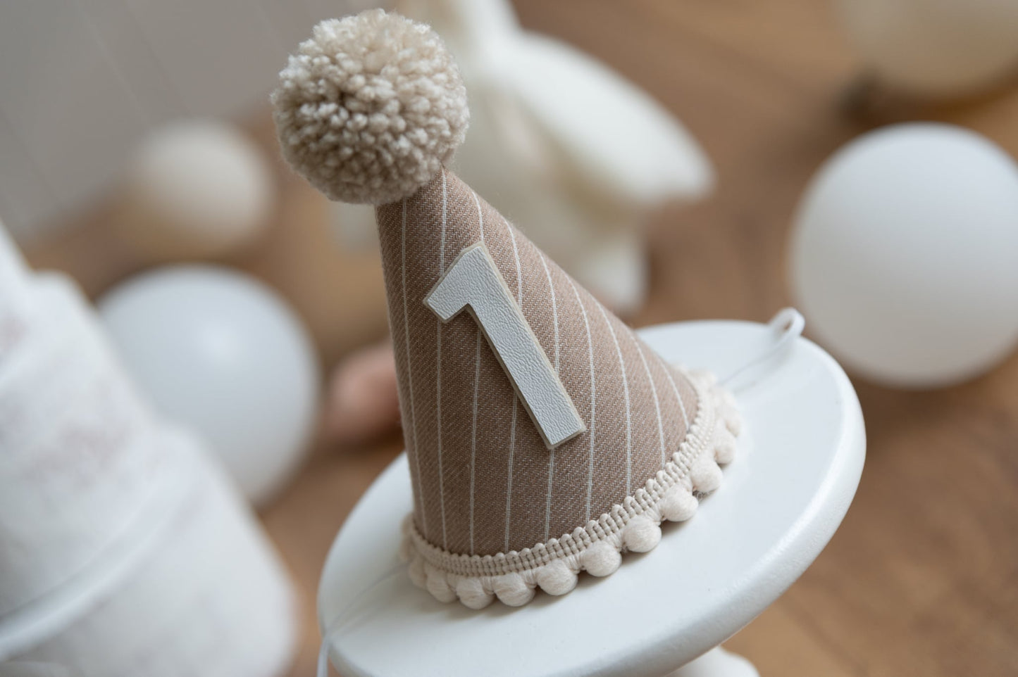 Brown and beige stripe first birthday hat